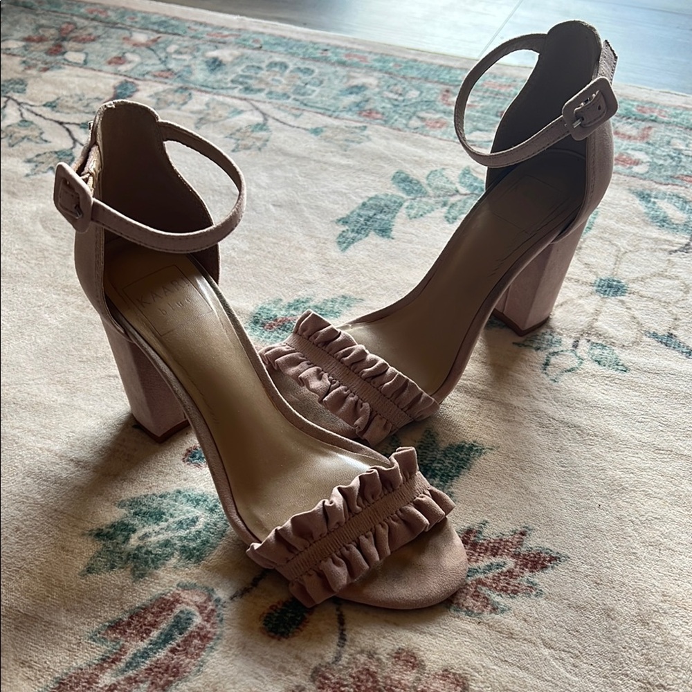 Pink Suede Heels with Ruffled Toe Strap